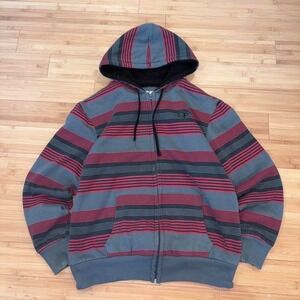 Stripped red, gray and black fur-lined Y2K surfwear Ocean Pacific hoodie